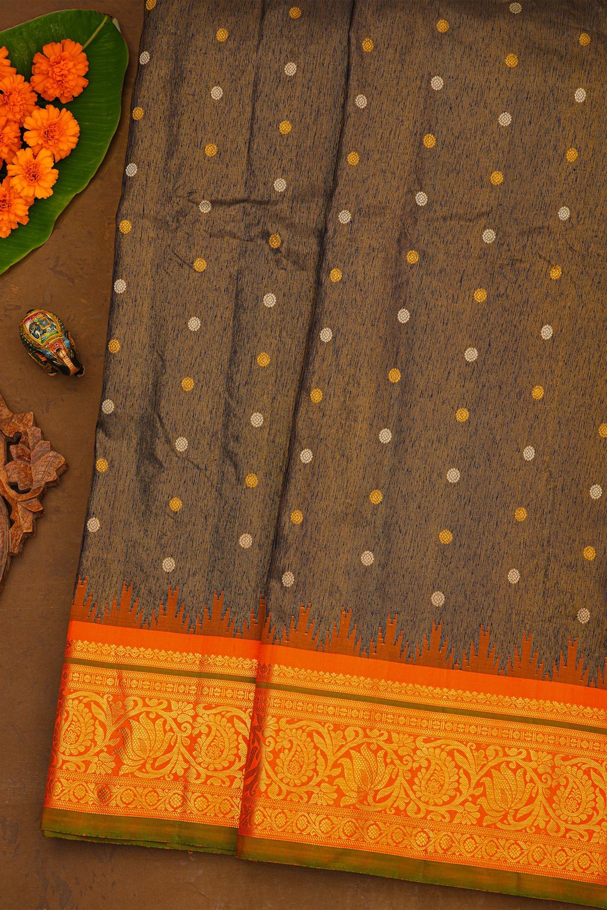 Gadwal Silk Charcoal Grey Saree With Temple Border