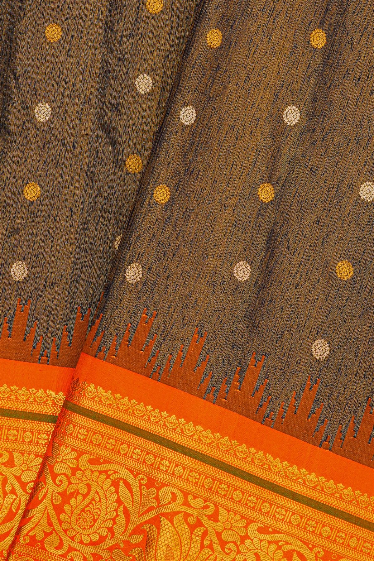 Gadwal Silk Charcoal Grey Saree With Temple Border