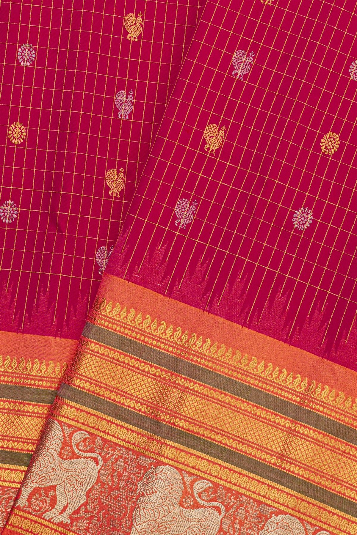 Gadwal Silk Rani Pink Saree With Diamonds In Zari With Lion Motifs Border