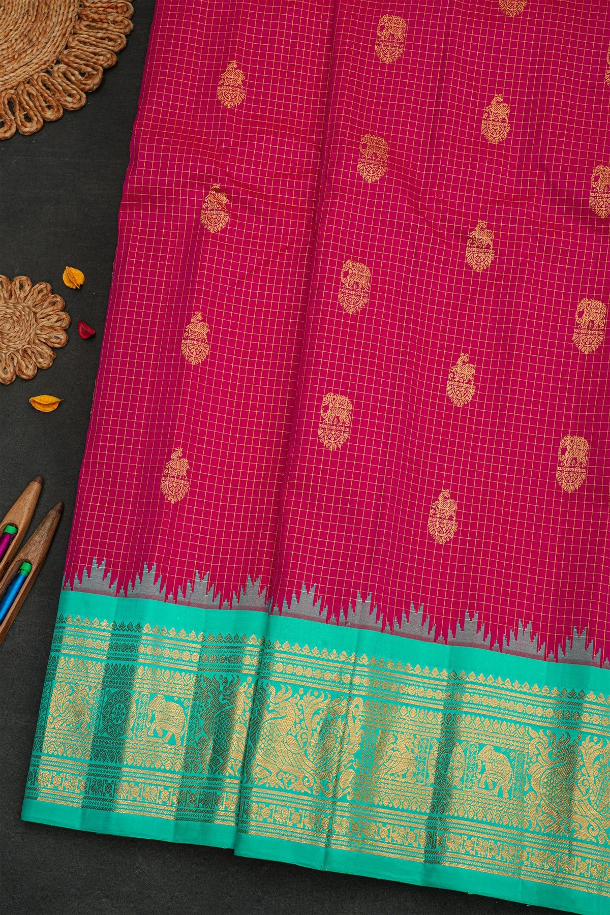 Gadwal Silk Rani Pink Saree With Florals And Animal Motif Body
