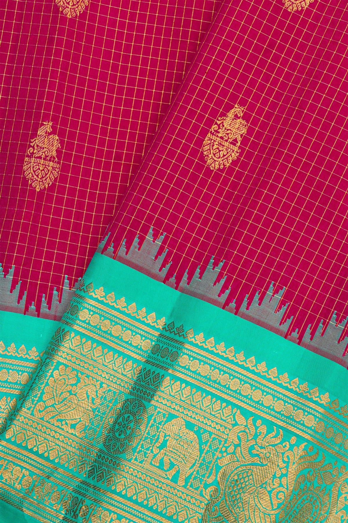 Gadwal Silk Rani Pink Saree With Florals And Animal Motif Body