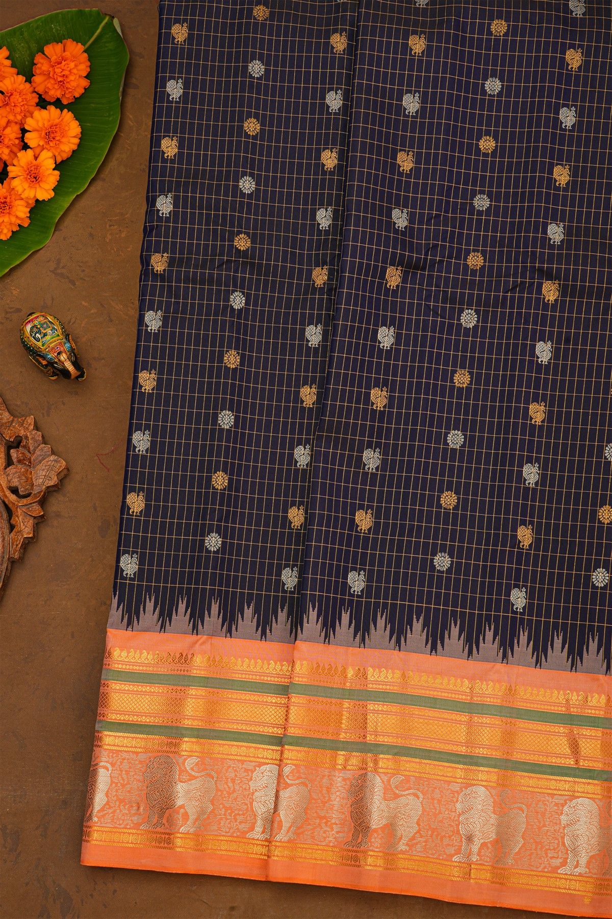 Gadwal Silk Midnight Blue Saree With Diamonds In Zari With Lion Motifs Border