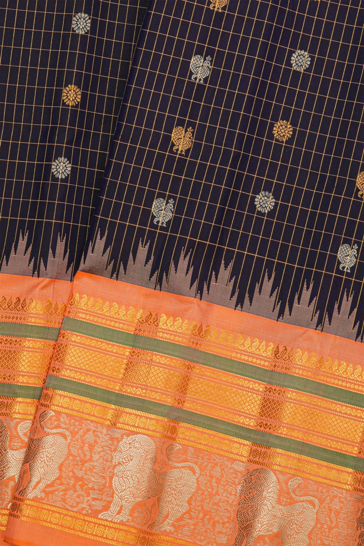 Gadwal Silk Midnight Blue Saree With Diamonds In Zari With Lion Motifs Border