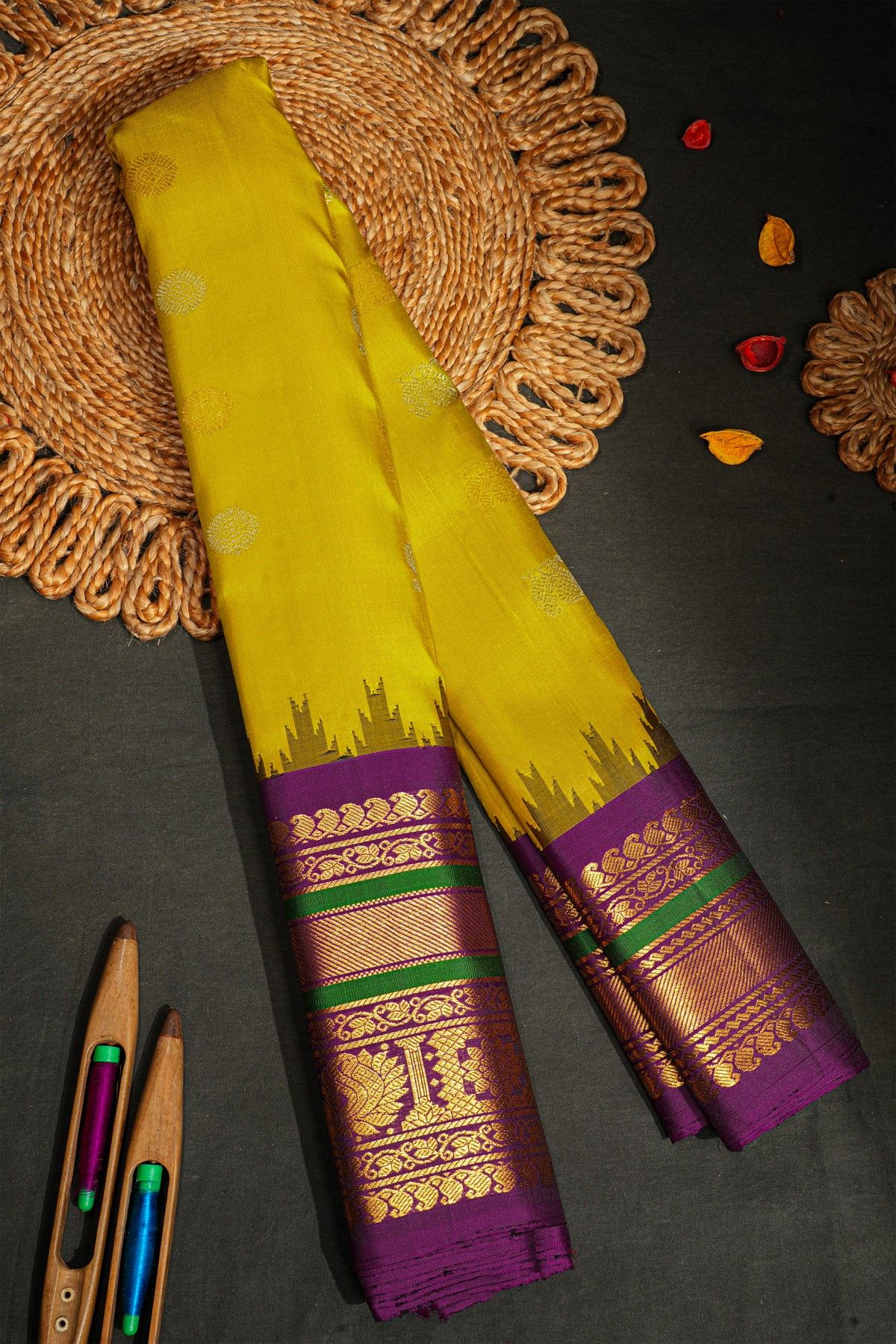Gadwal Silk Yellow Saree With Peacock And Floral Buttis Body