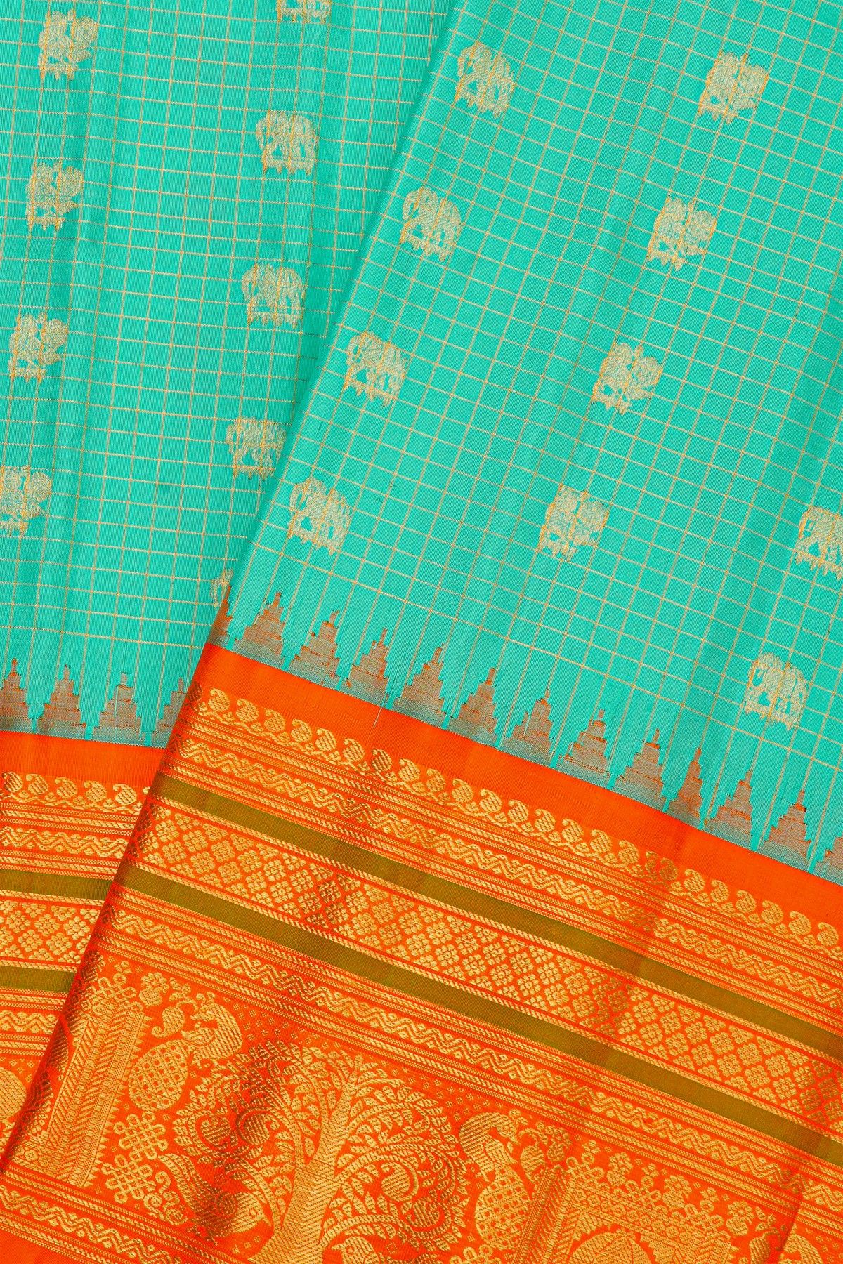 Gadwal Silk Sea Green Saree With Elephant Buttis Body