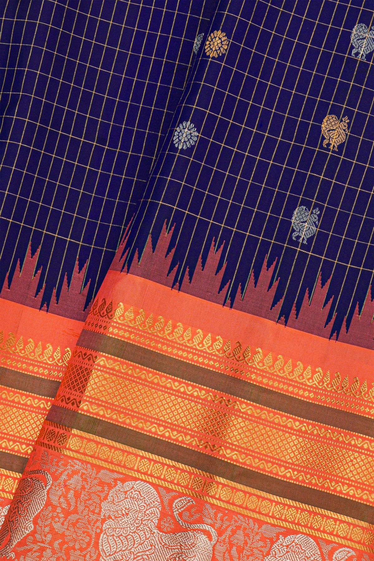Gadwal Silk Navy Blue Saree With Florals And Animal Border