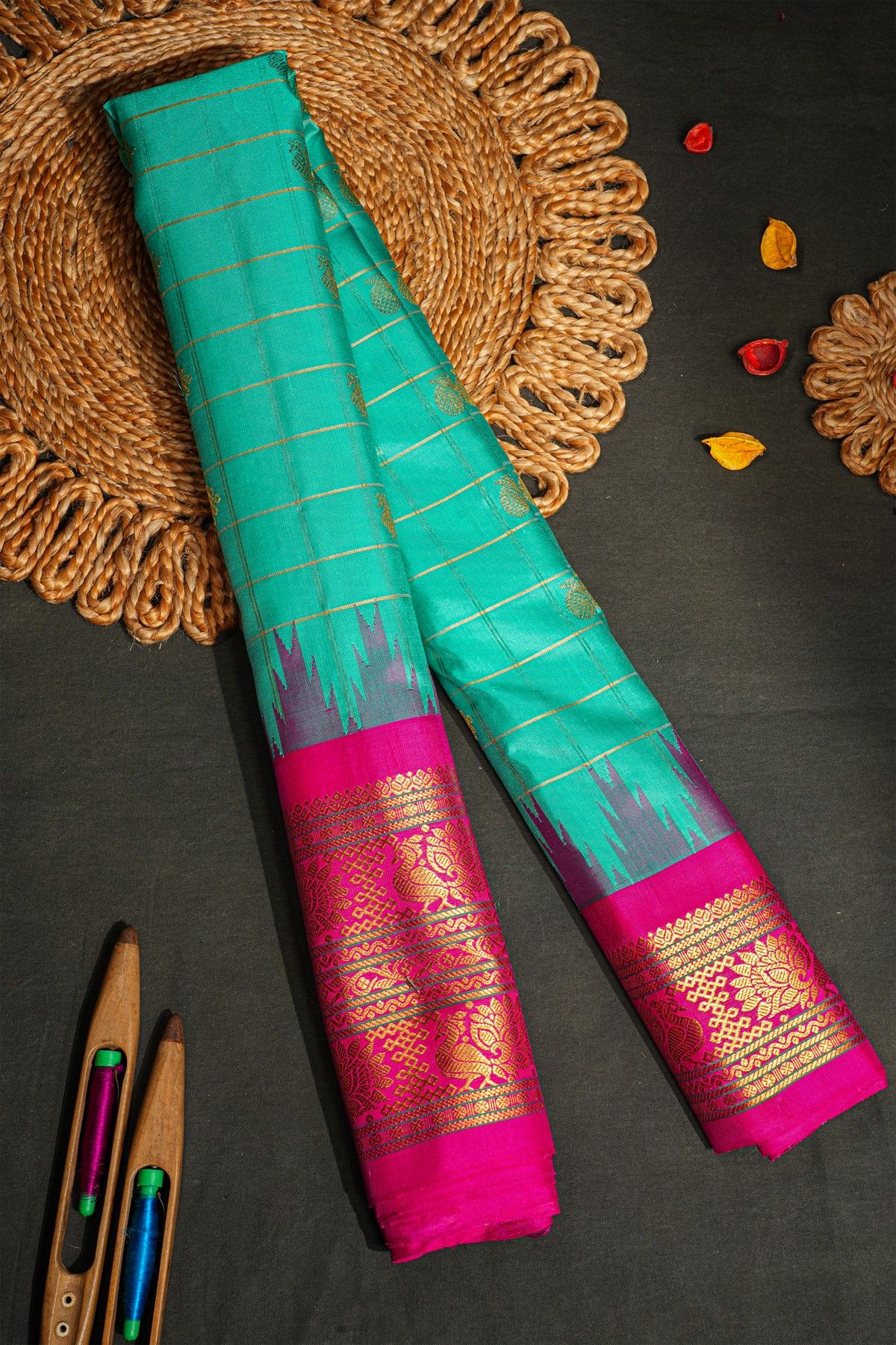 Gadwal Silk Mint Green Saree With Floral Jaal And Peacock Border