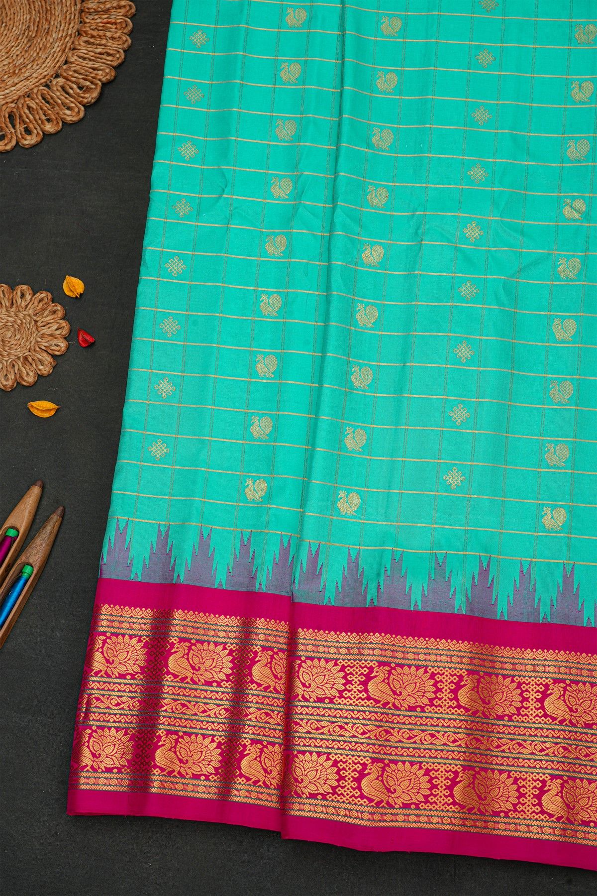 Gadwal Silk Mint Green Saree With Floral Jaal And Peacock Border