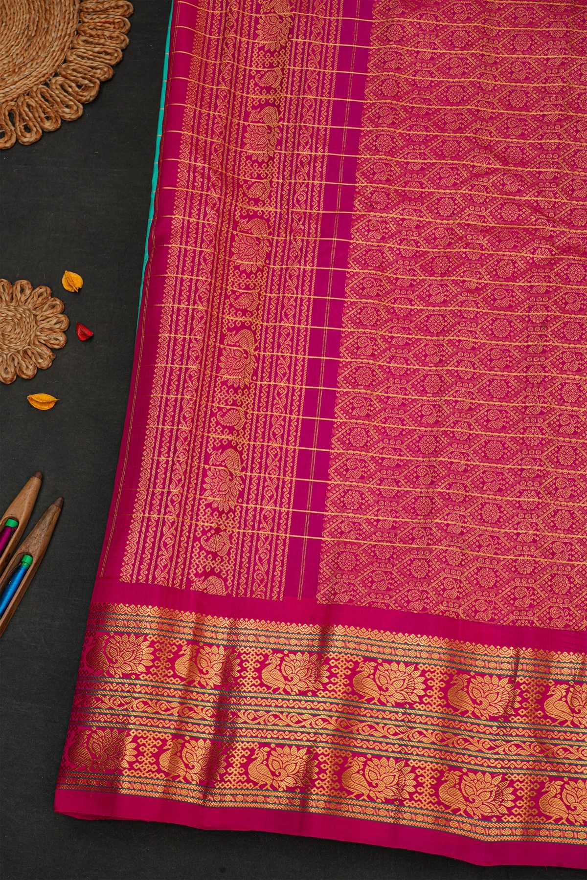 Gadwal Silk Mint Green Saree With Floral Jaal And Peacock Border