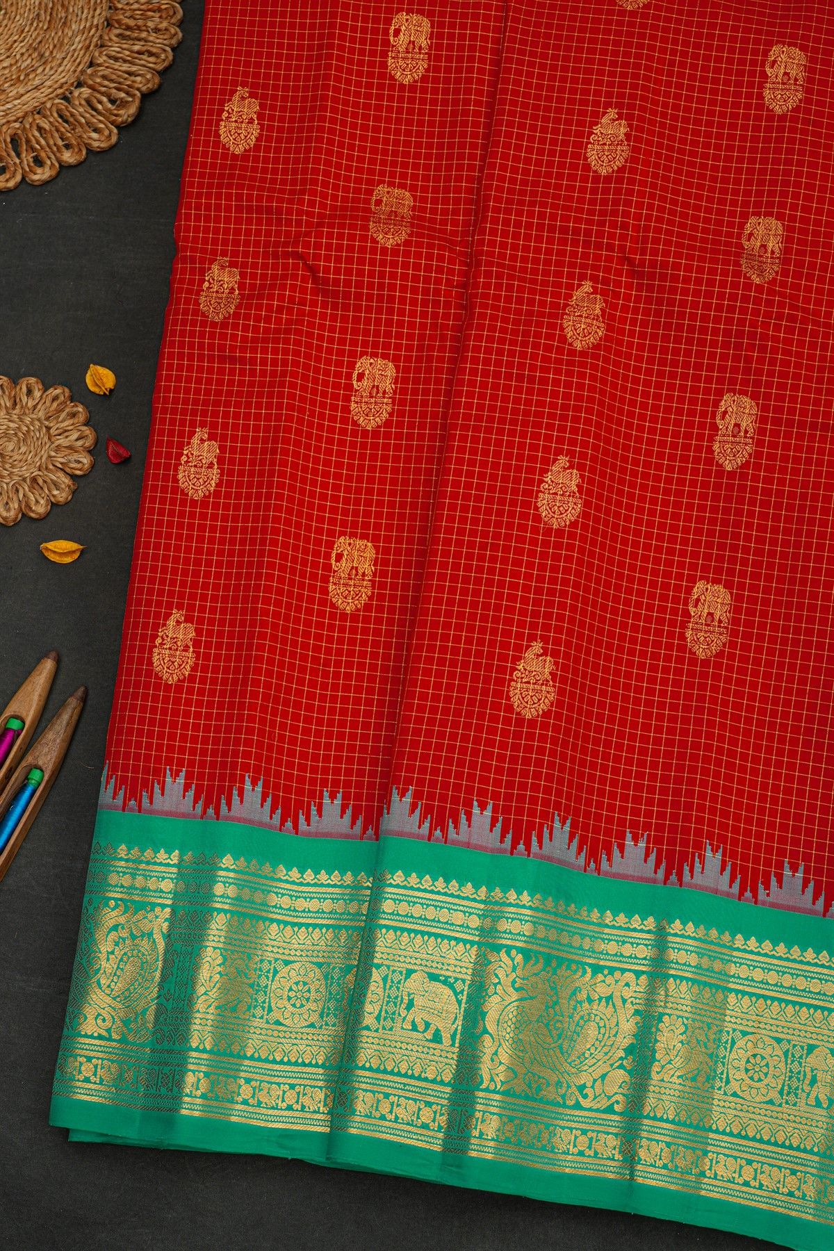 Gadwal Silk Red Saree With Florals And Animal Motif Border