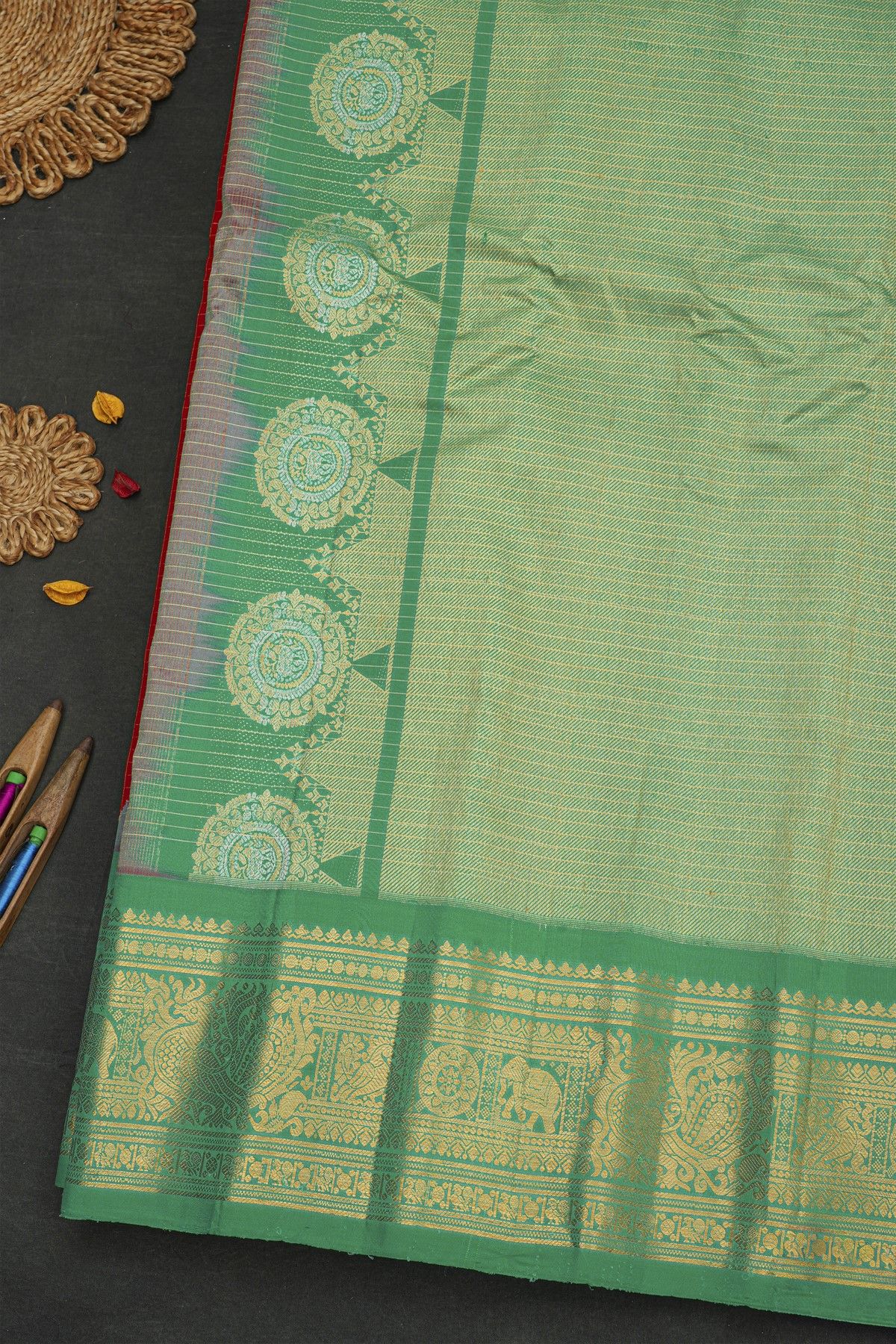 Gadwal Silk Red Saree With Florals And Animal Motif Border