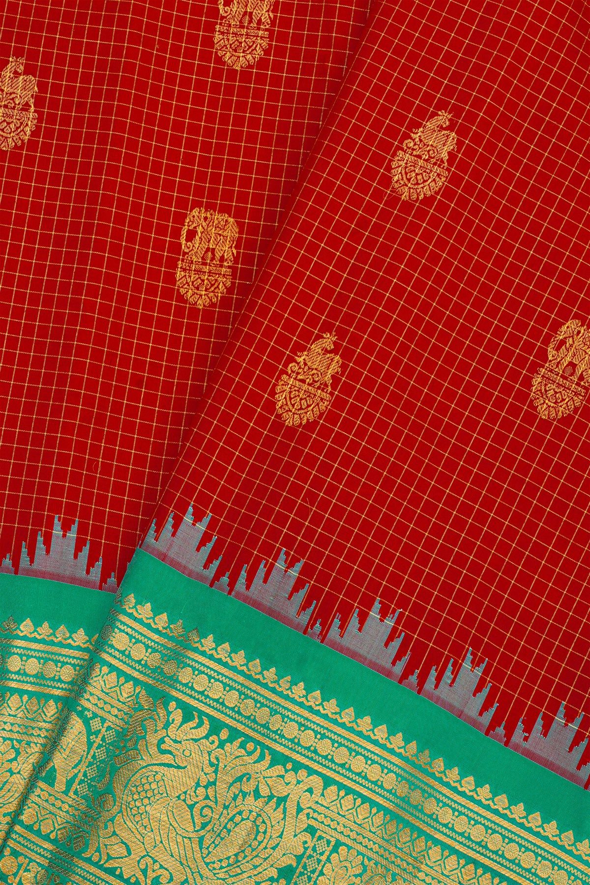 Gadwal Silk Red Saree With Florals And Animal Motif Border