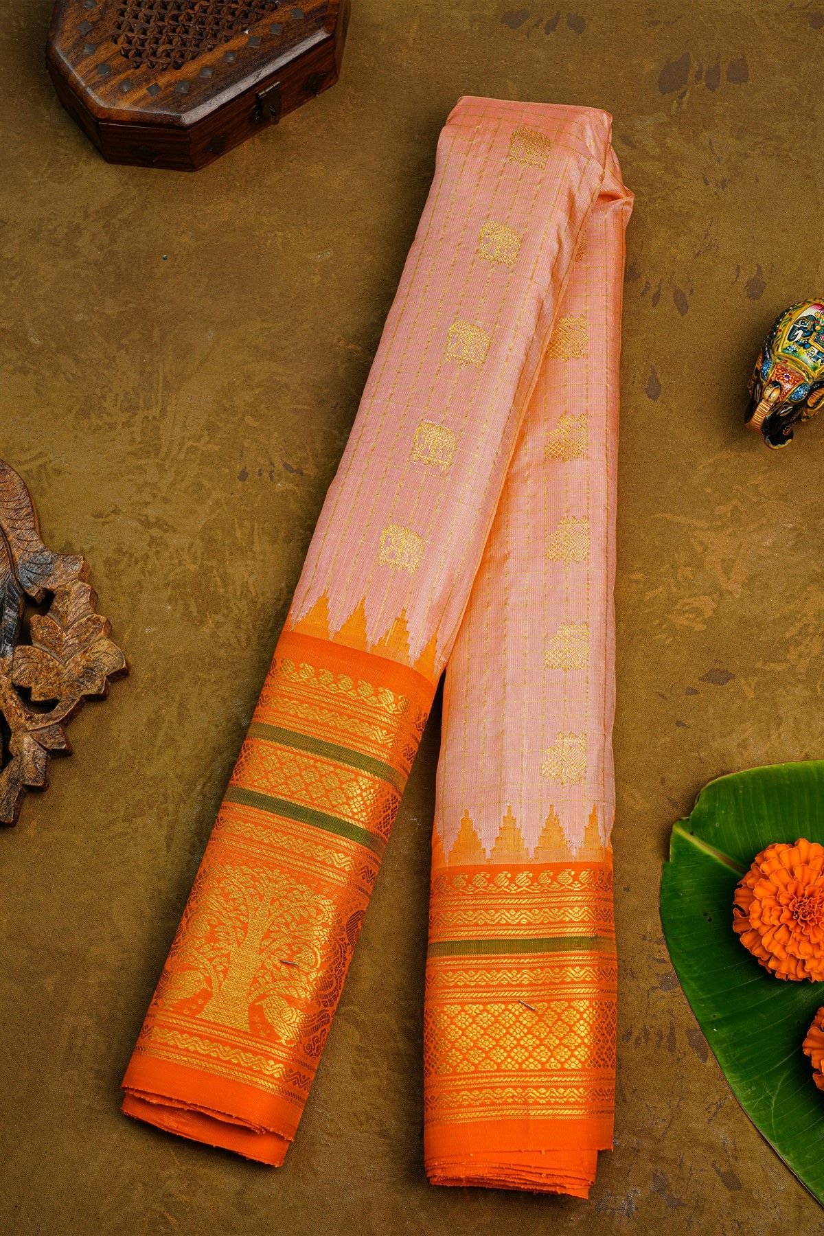 Gadwal Silk Peach Saree With Zari Checks Peacocks And Elephants Buttis Body