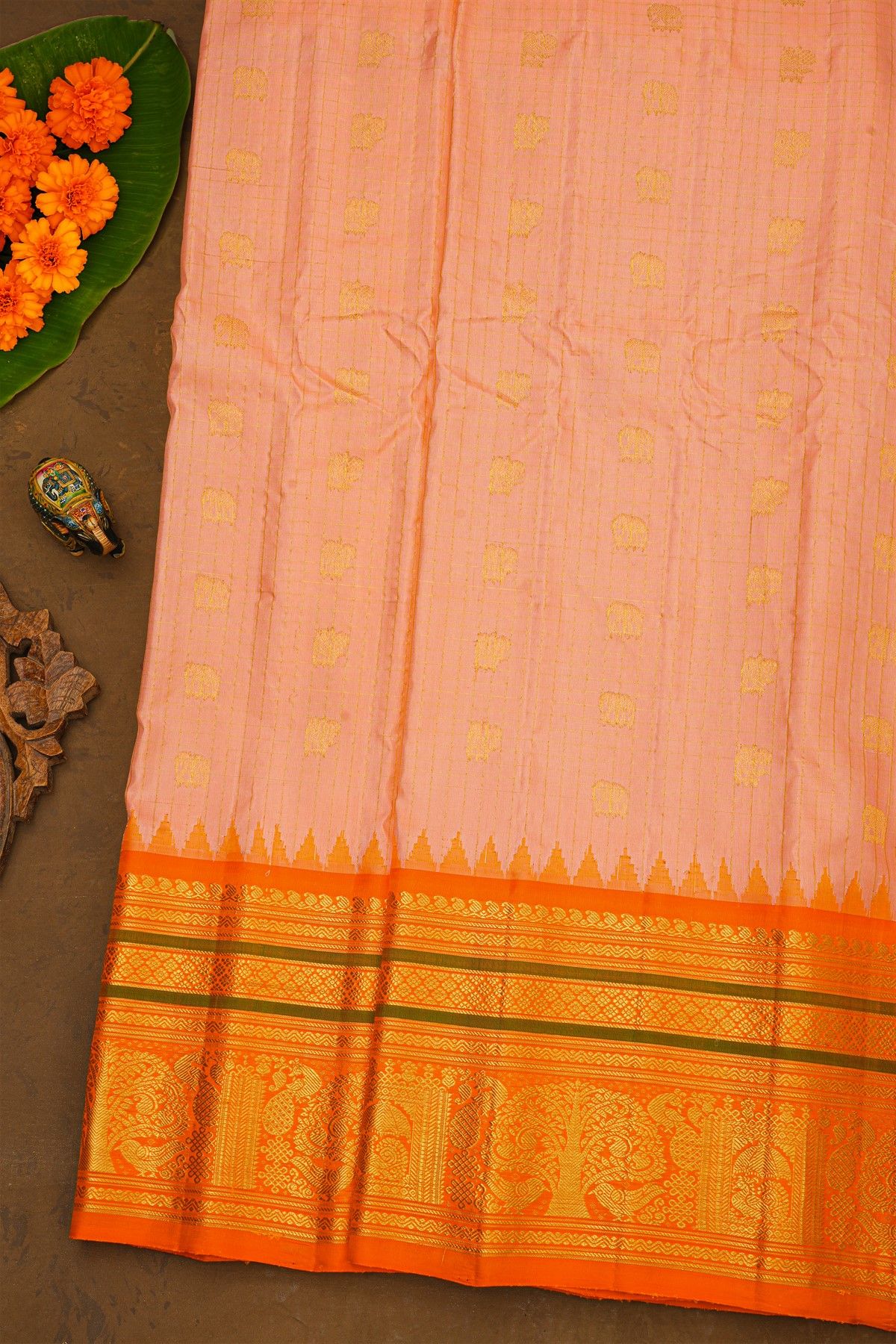 Gadwal Silk Peach Saree With Zari Checks Peacocks And Elephants Buttis Body