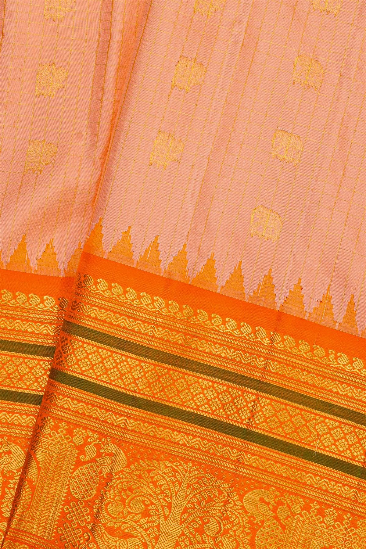 Gadwal Silk Peach Saree With Zari Checks Peacocks And Elephants Buttis Body