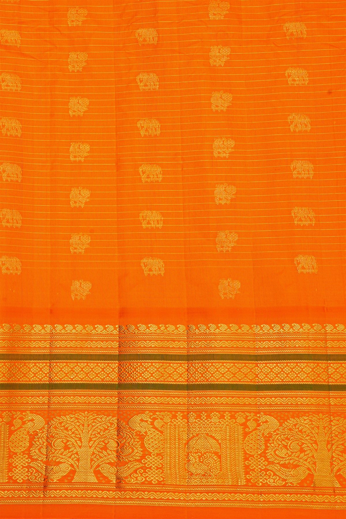 Gadwal Silk Peach Saree With Zari Checks Peacocks And Elephants Buttis Body