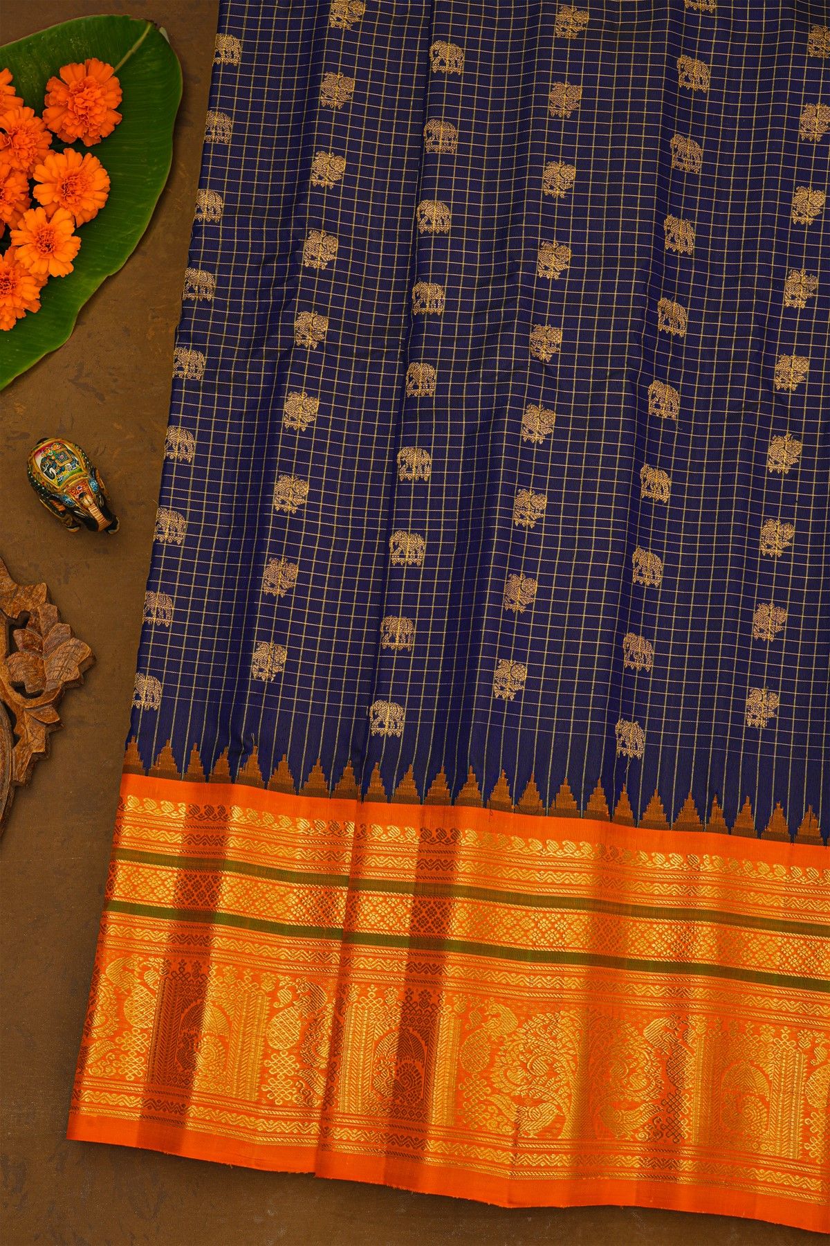 Gadwal Silk Navy Blue Saree With Elephants And Peacocks In Checks Body