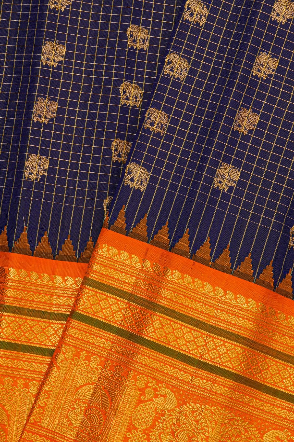 Gadwal Silk Navy Blue Saree With Elephants And Peacocks In Checks Body