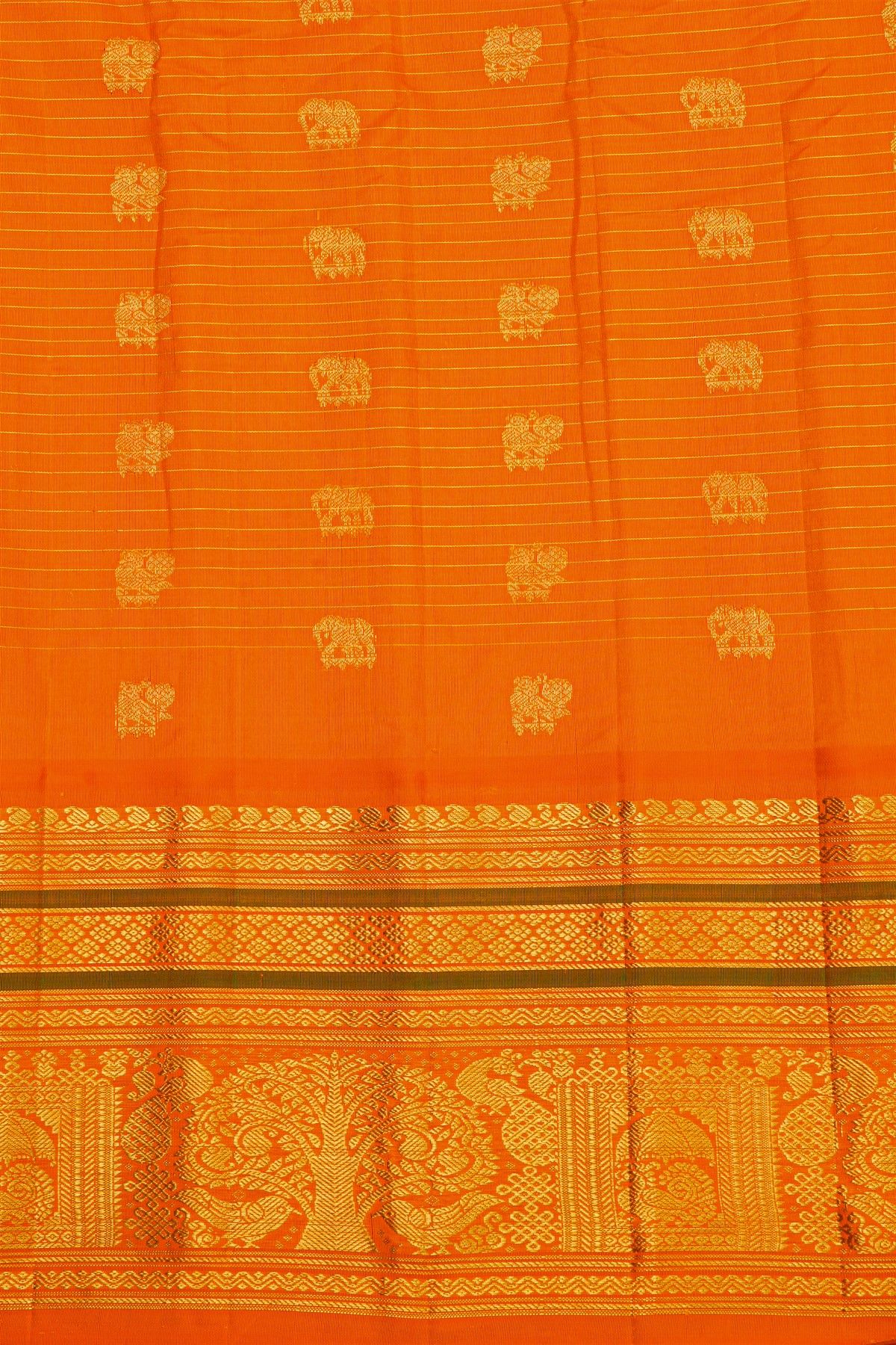 Gadwal Silk Navy Blue Saree With Elephants And Peacocks In Checks Body