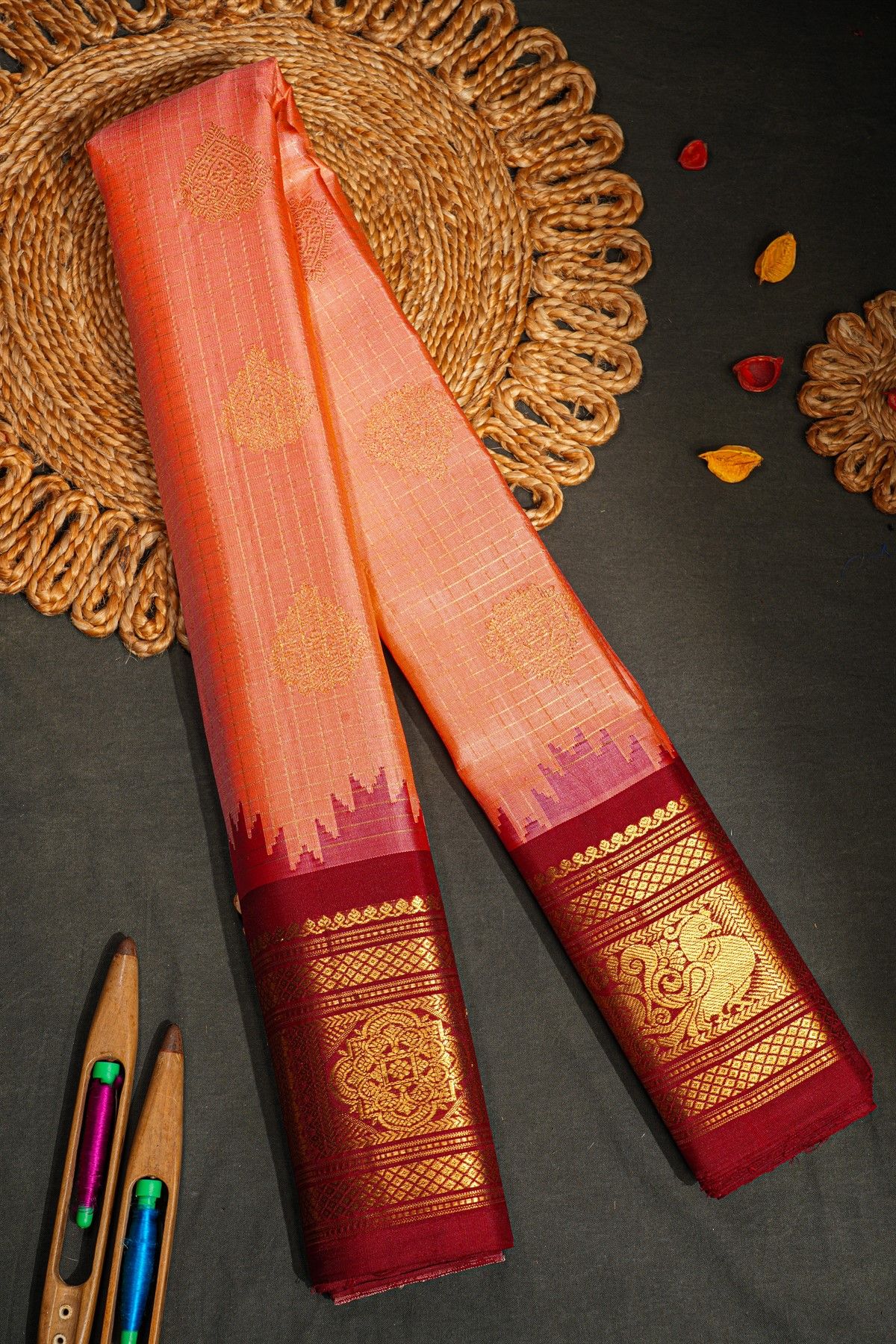 Gadwal Silk Peach Saree With Floral And Peacock In Checks Border