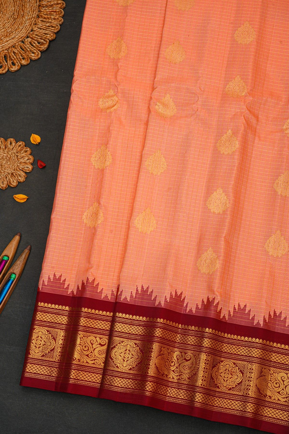 Gadwal Silk Peach Saree With Floral And Peacock In Checks Border