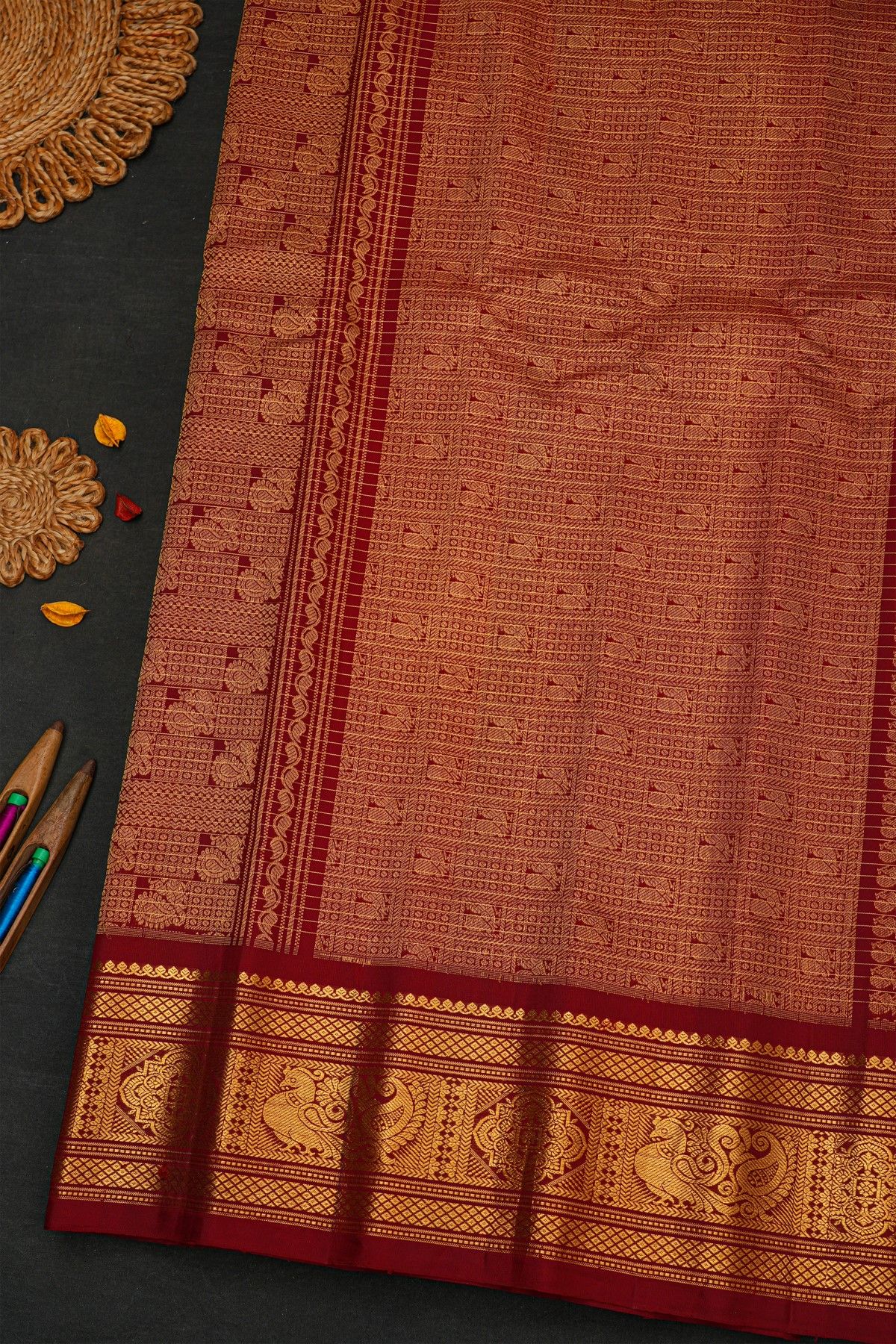 Gadwal Silk Peach Saree With Floral And Peacock In Checks Border