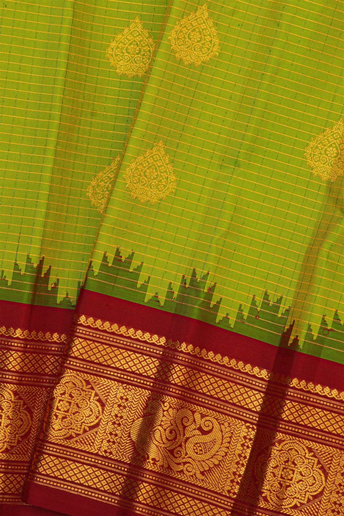 Gadwal Silk Leaf Green Saree With Florals And Peacock Contrast Border