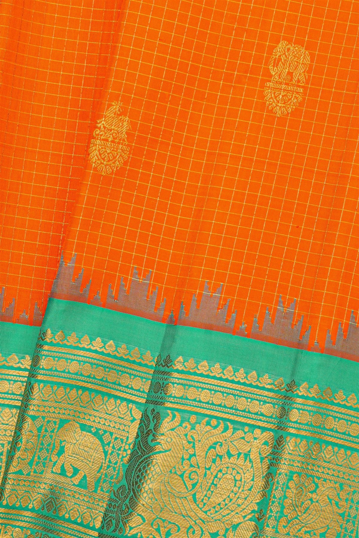 Gadwal Silk Orange Saree With Animal Buttis And Checks Body