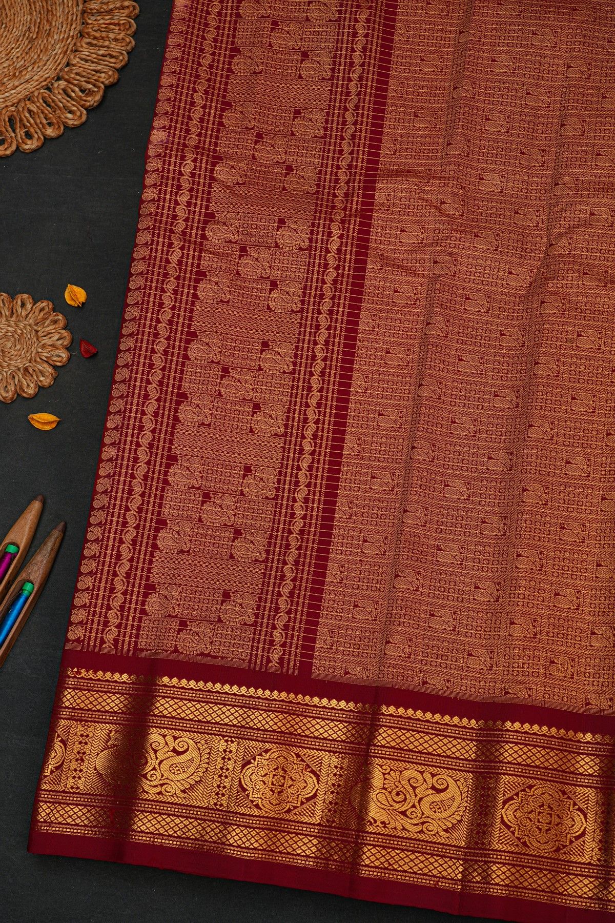 Gadwal Silk Peach Orange Saree With Floral And Peacock Border