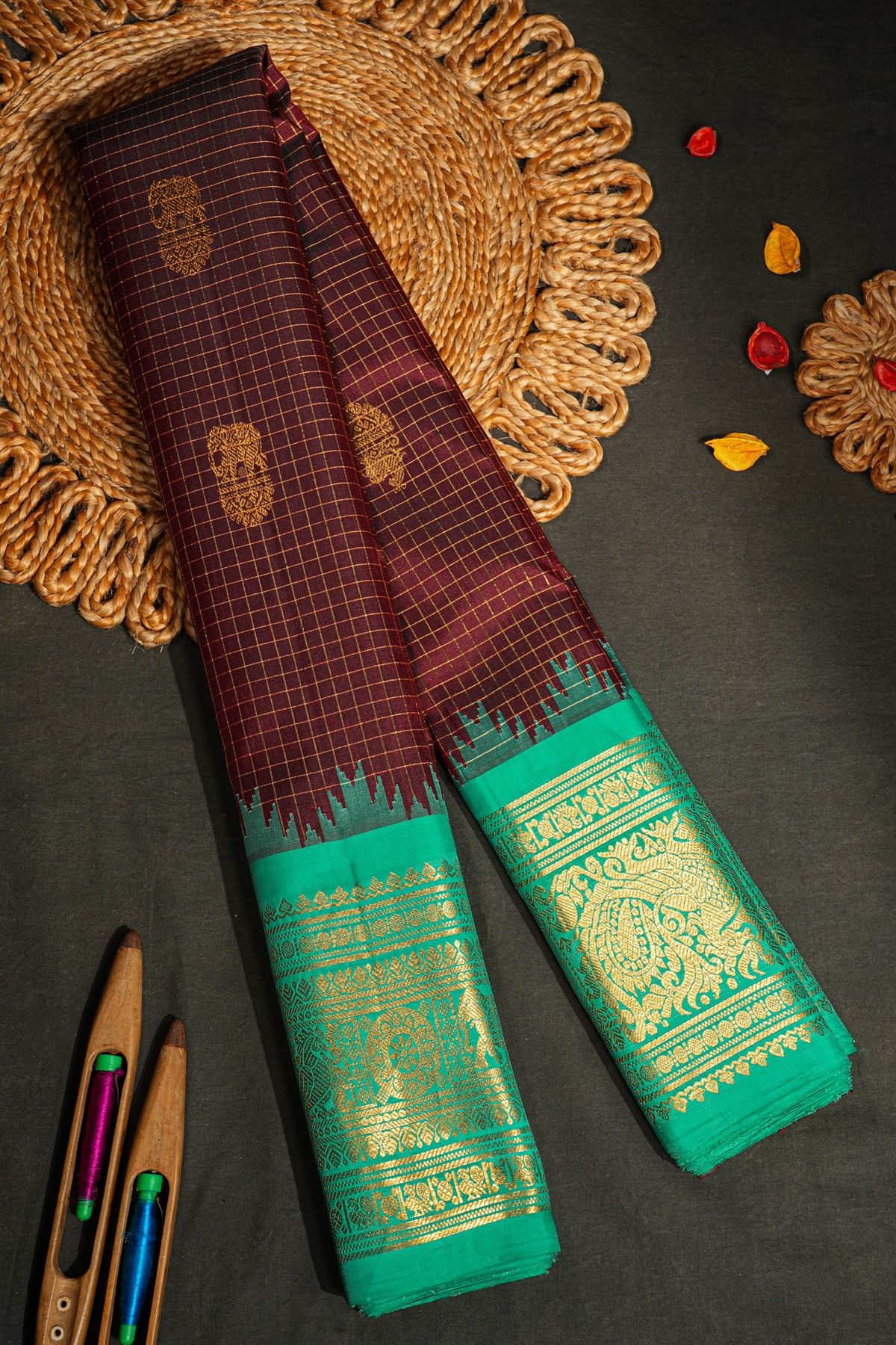 Gadwal Silk Brown Saree With Animal Motifs Zari Buttis