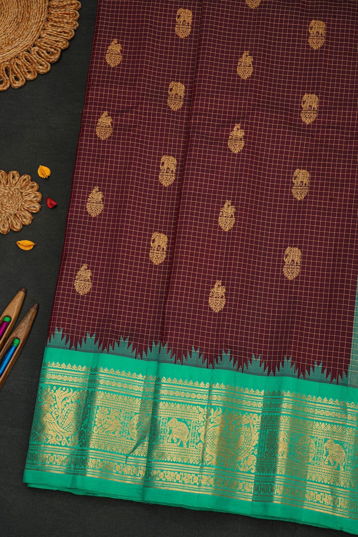 Gadwal Silk Brown Saree With Animal Motifs Zari Buttis