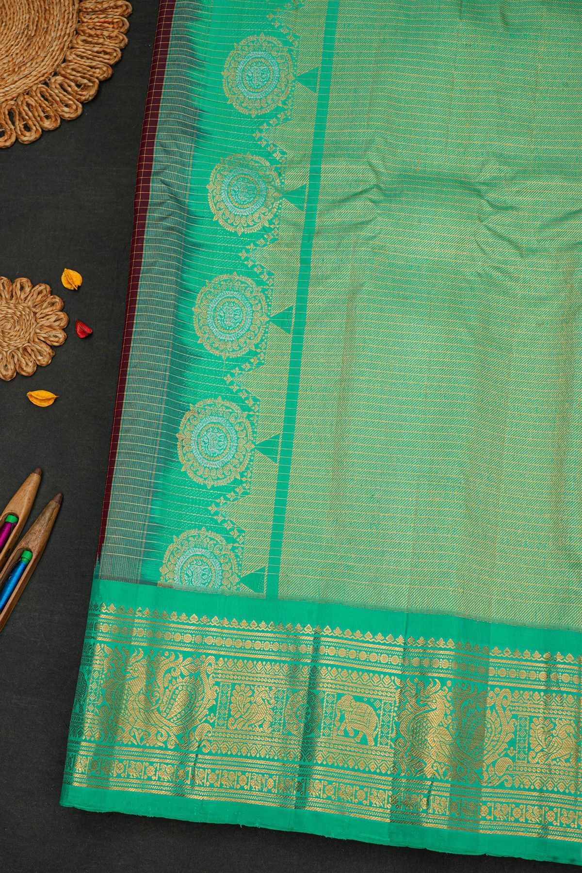 Gadwal Silk Brown Saree With Animal Motifs Zari Buttis