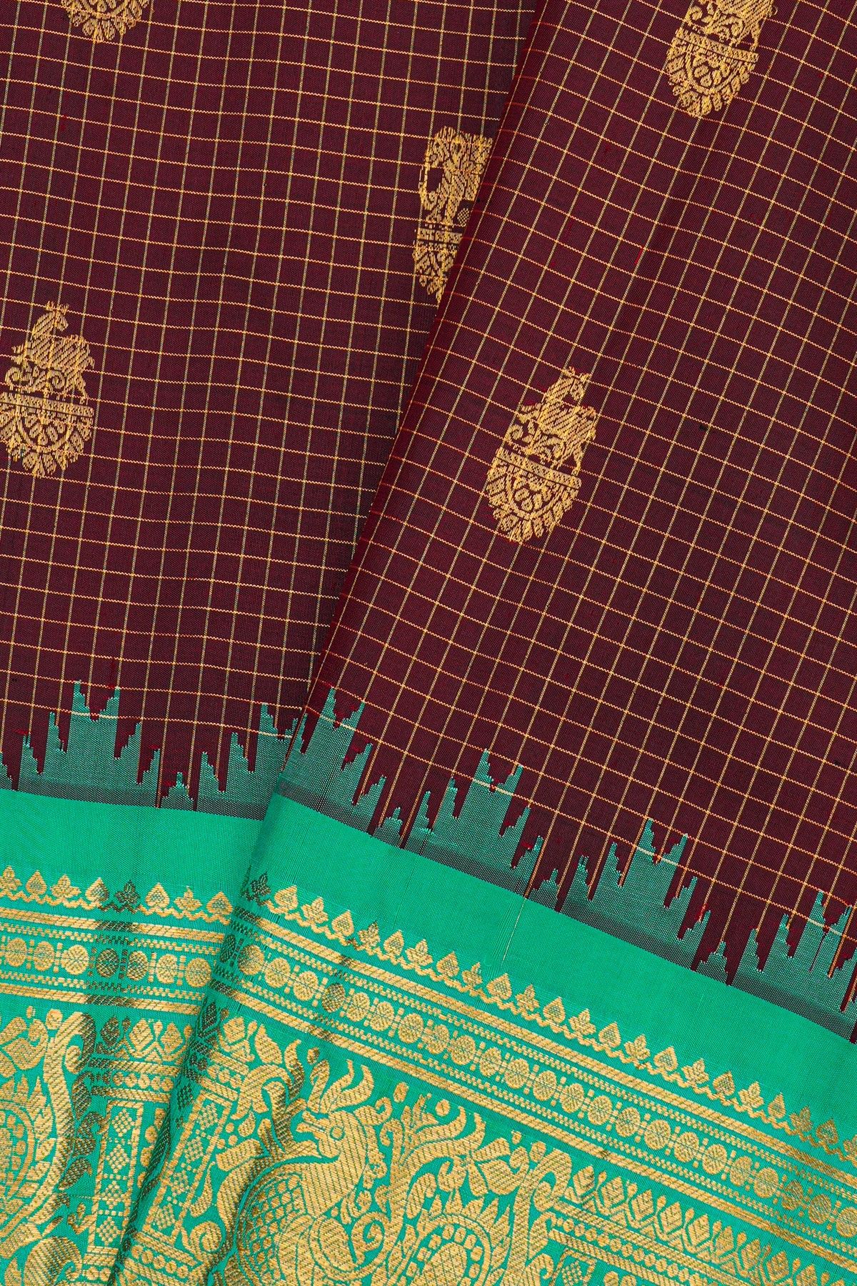 Gadwal Silk Brown Saree With Animal Motifs Zari Buttis