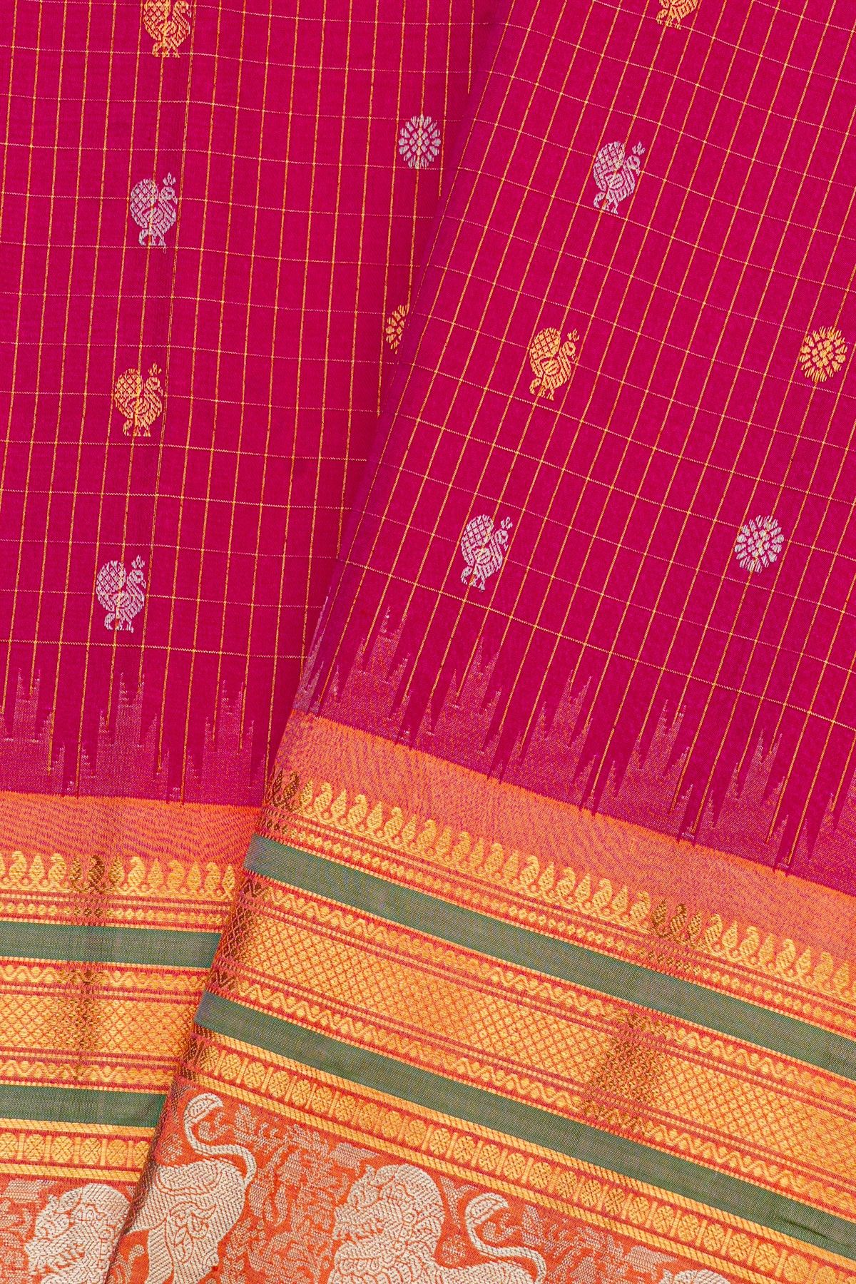 Gadwal Silk Rani Pink Saree With Temple Border