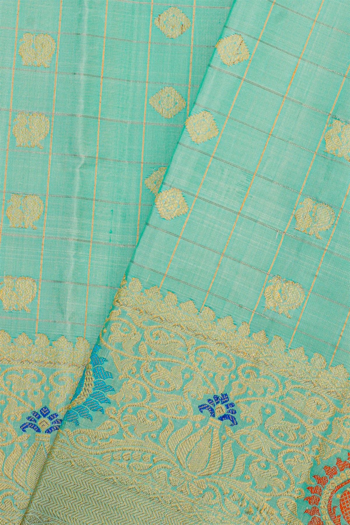 Gadwal Silk Mint Green Saree With Florals And Peacock Body
