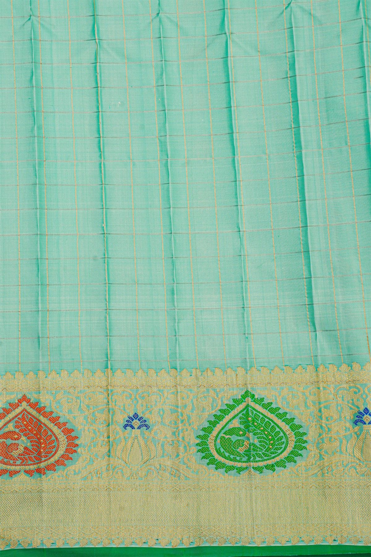 Gadwal Silk Mint Green Saree With Florals And Peacock Body