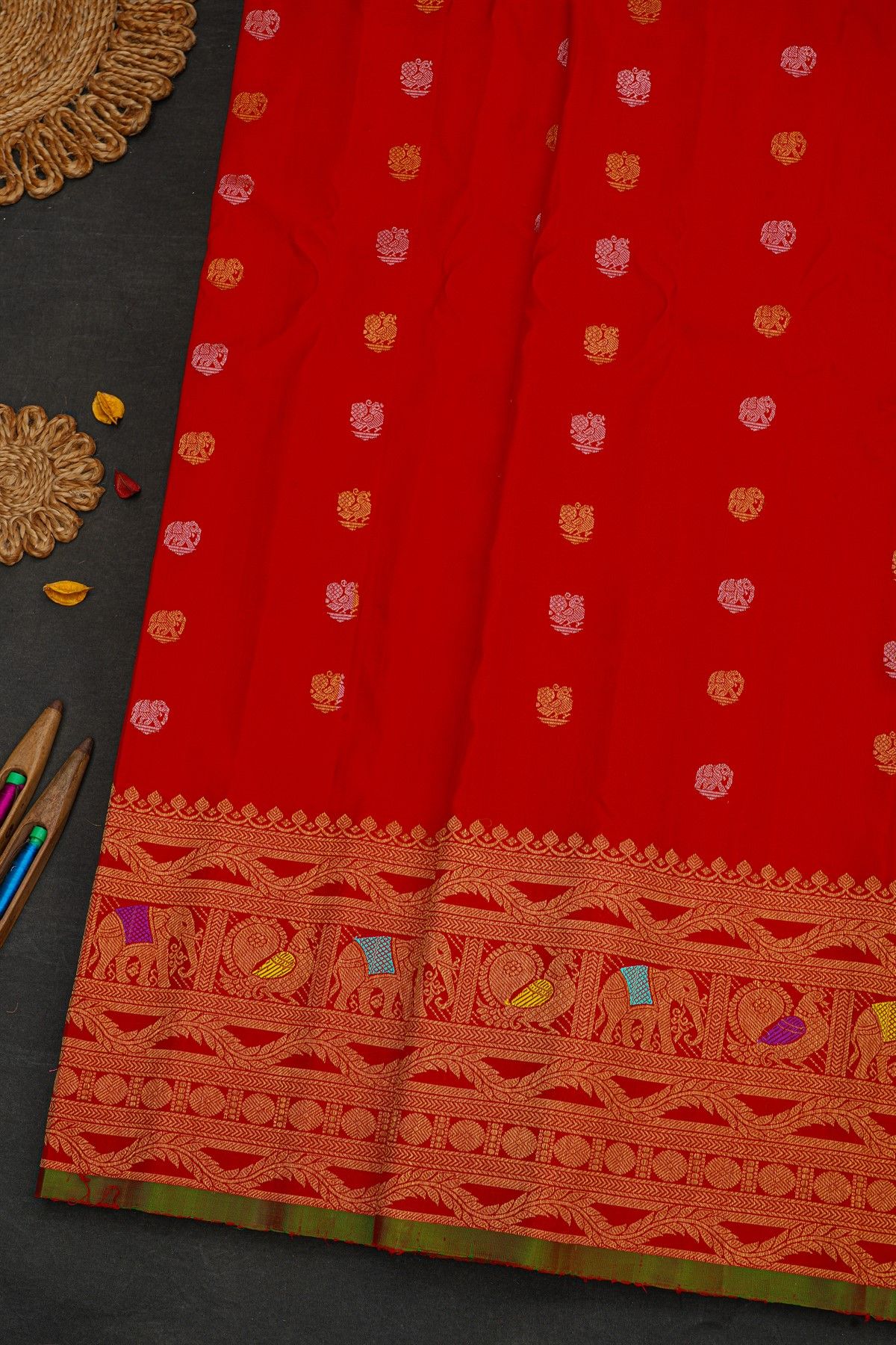 Gadwal Silk Red Saree With Peacocks And Elephants In Buttis Body