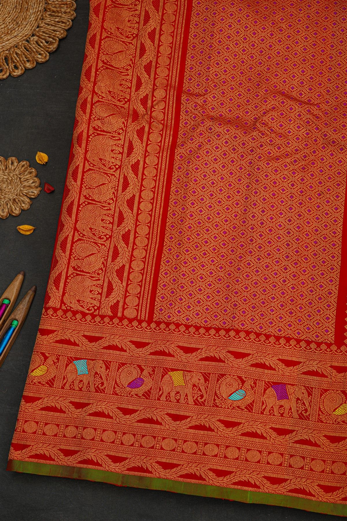 Gadwal Silk Red Saree With Peacocks And Elephants In Buttis Body