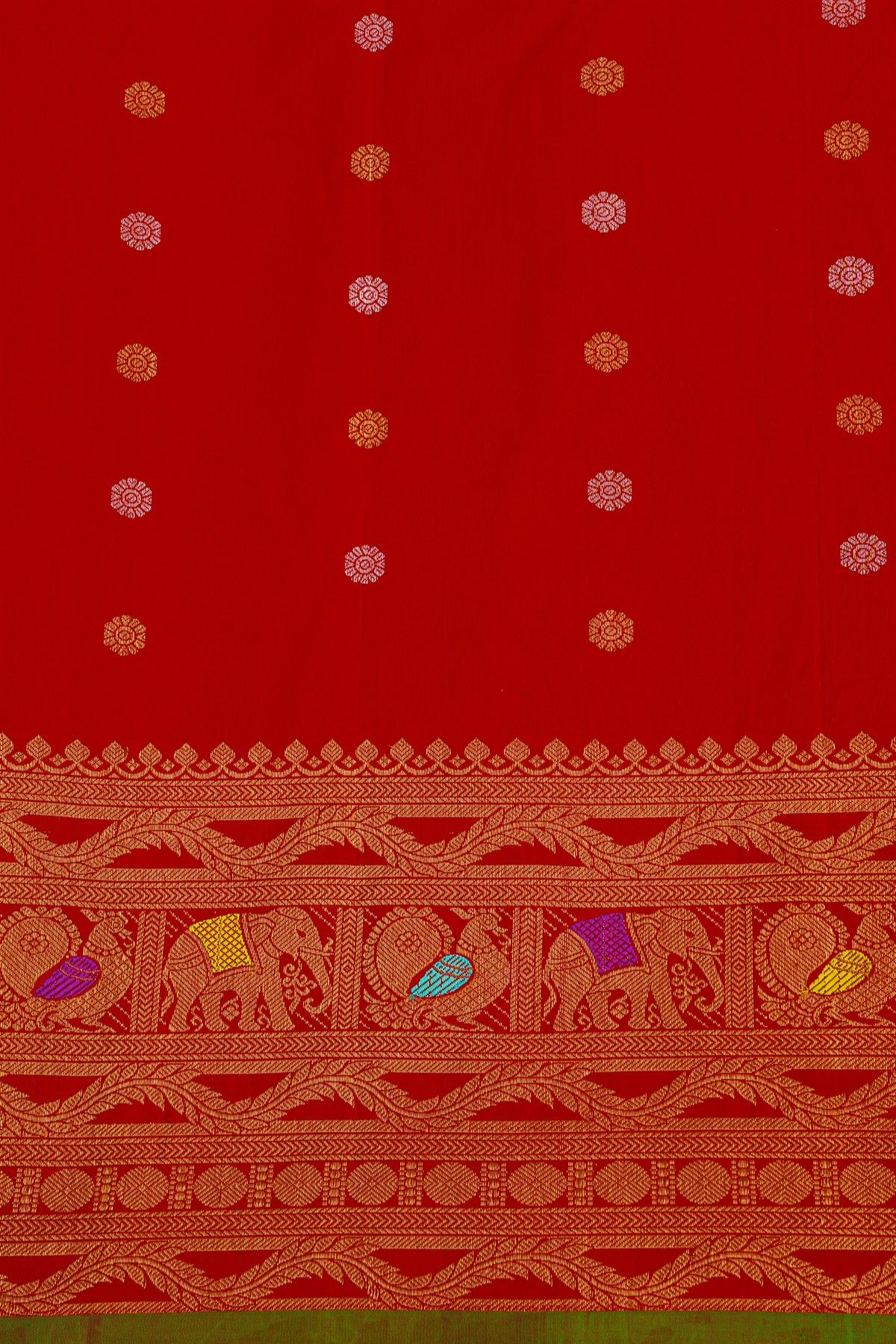 Gadwal Silk Red Saree With Peacocks And Elephants In Buttis Body
