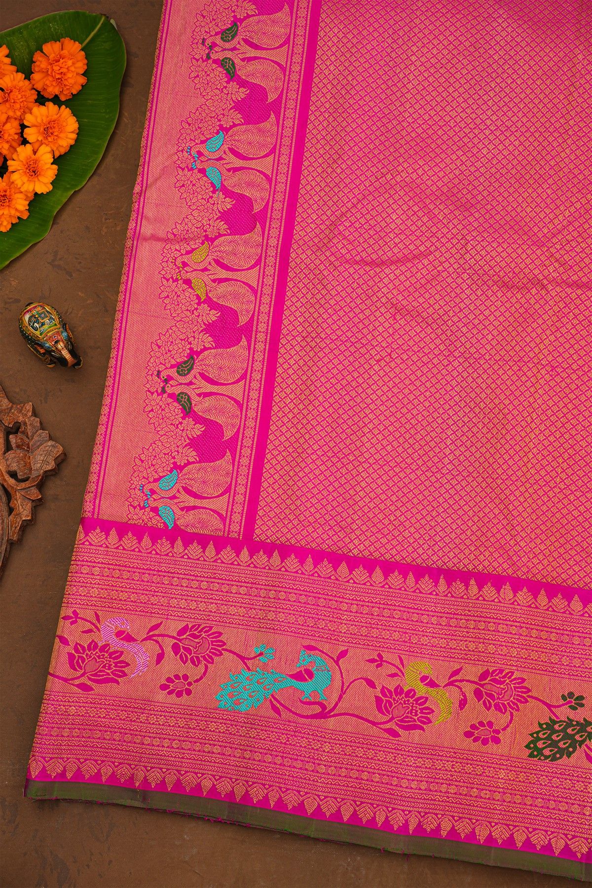 Gadwal Silk Dual Colour Saree With Florals And Peacock Buttis Body