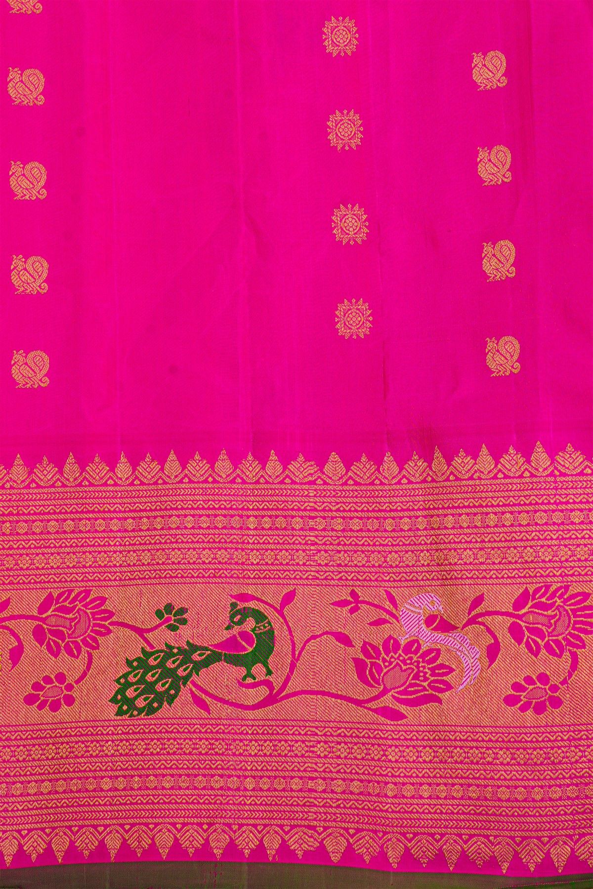 Gadwal Silk Dual Colour Saree With Florals And Peacock Buttis Body