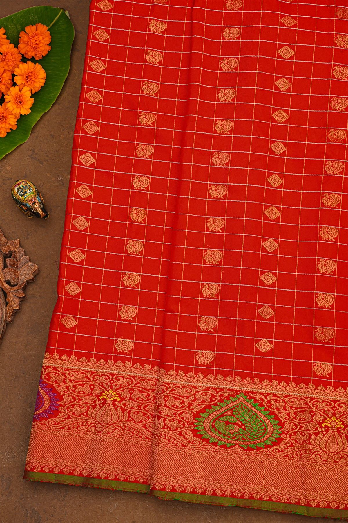 Gadwal Silk Red Saree With Florals And Peacock Buttis Body