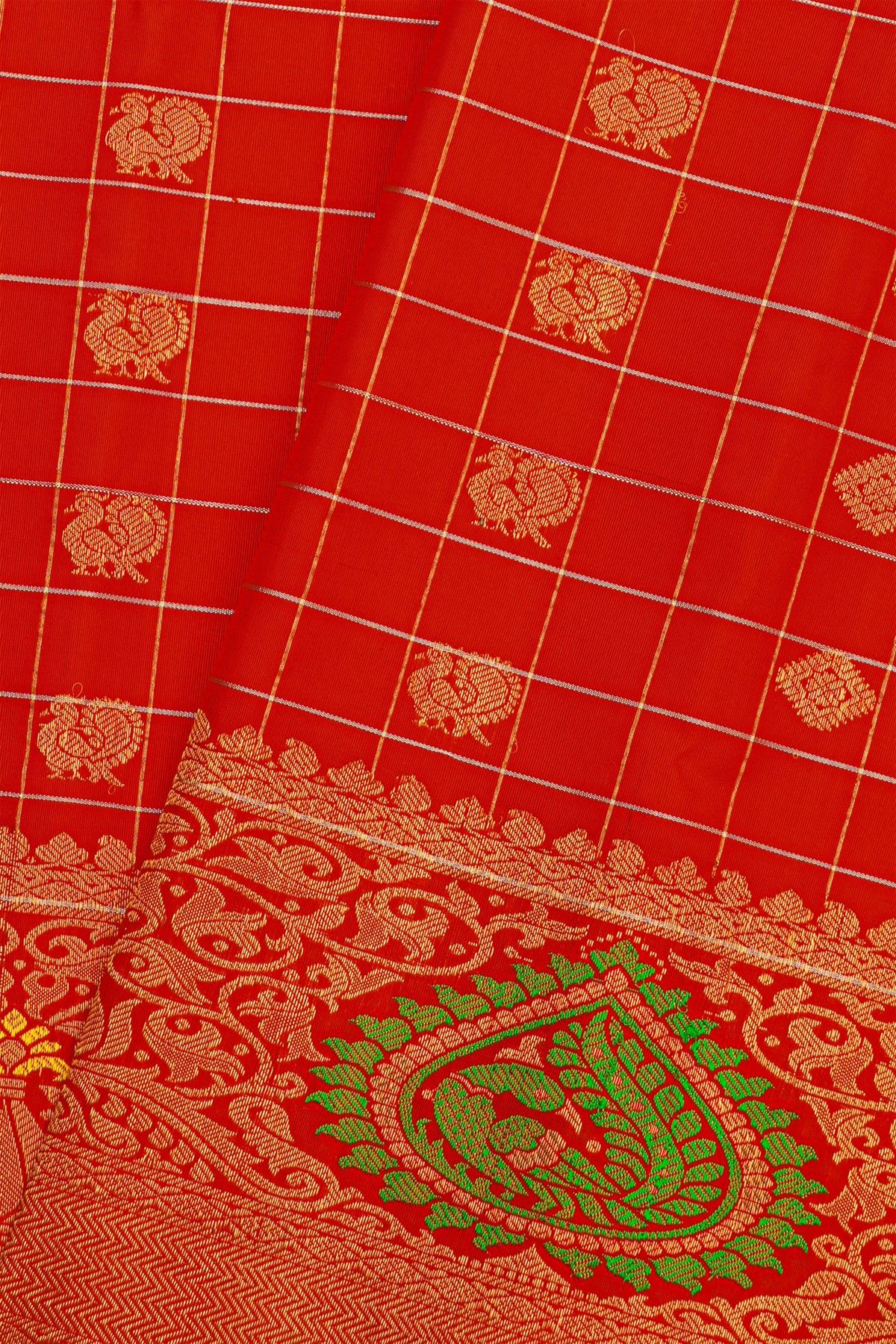 Gadwal Silk Red Saree With Florals And Peacock Buttis Body