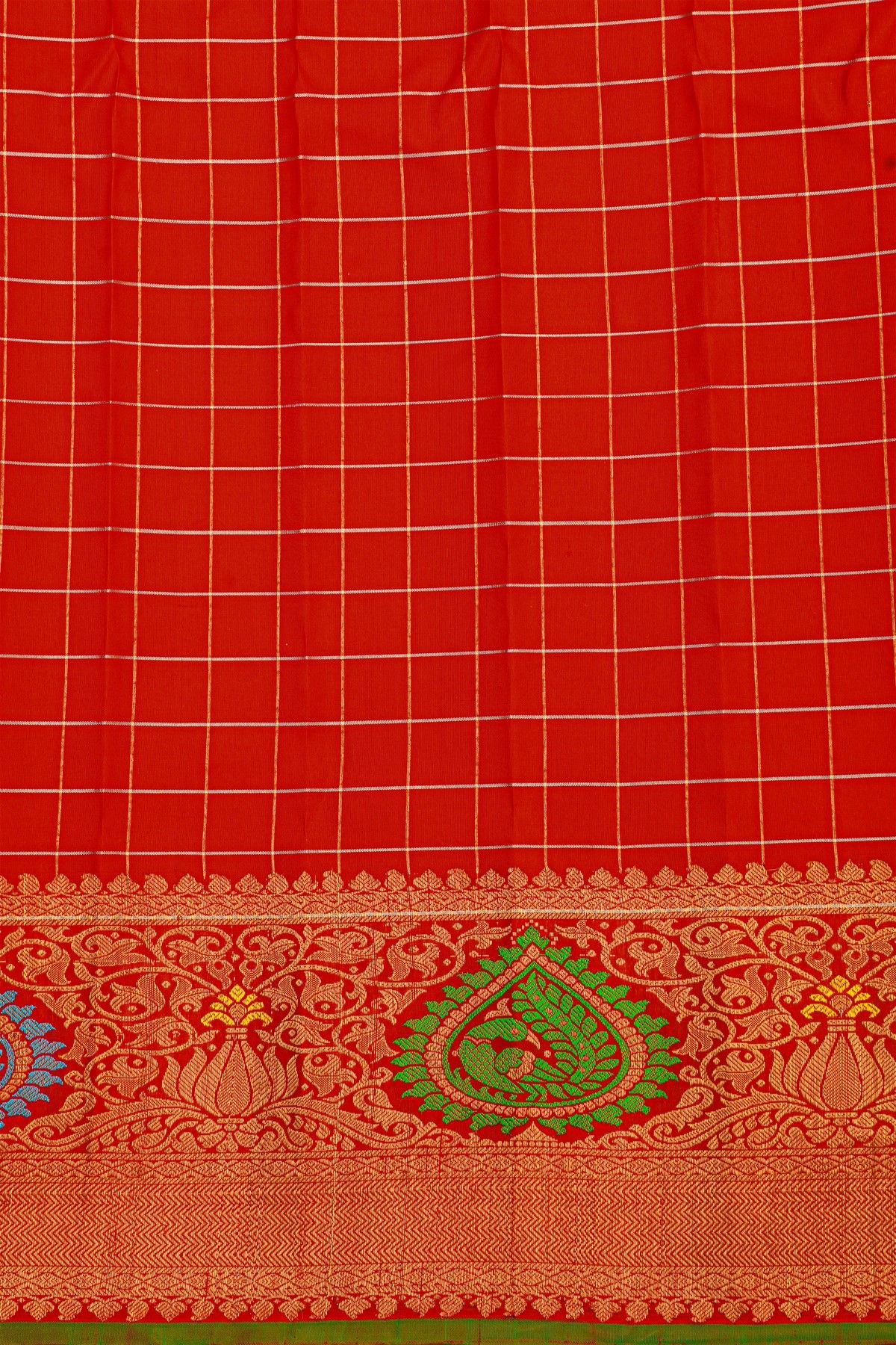 Gadwal Silk Red Saree With Florals And Peacock Buttis Body