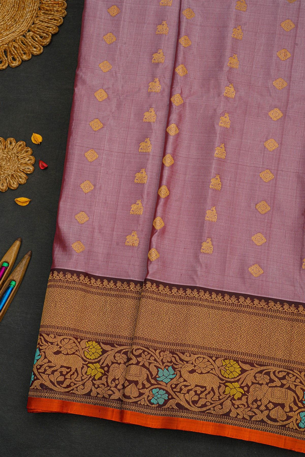 Gadwal Silk Peach Pink Saree With Meenakari Border
