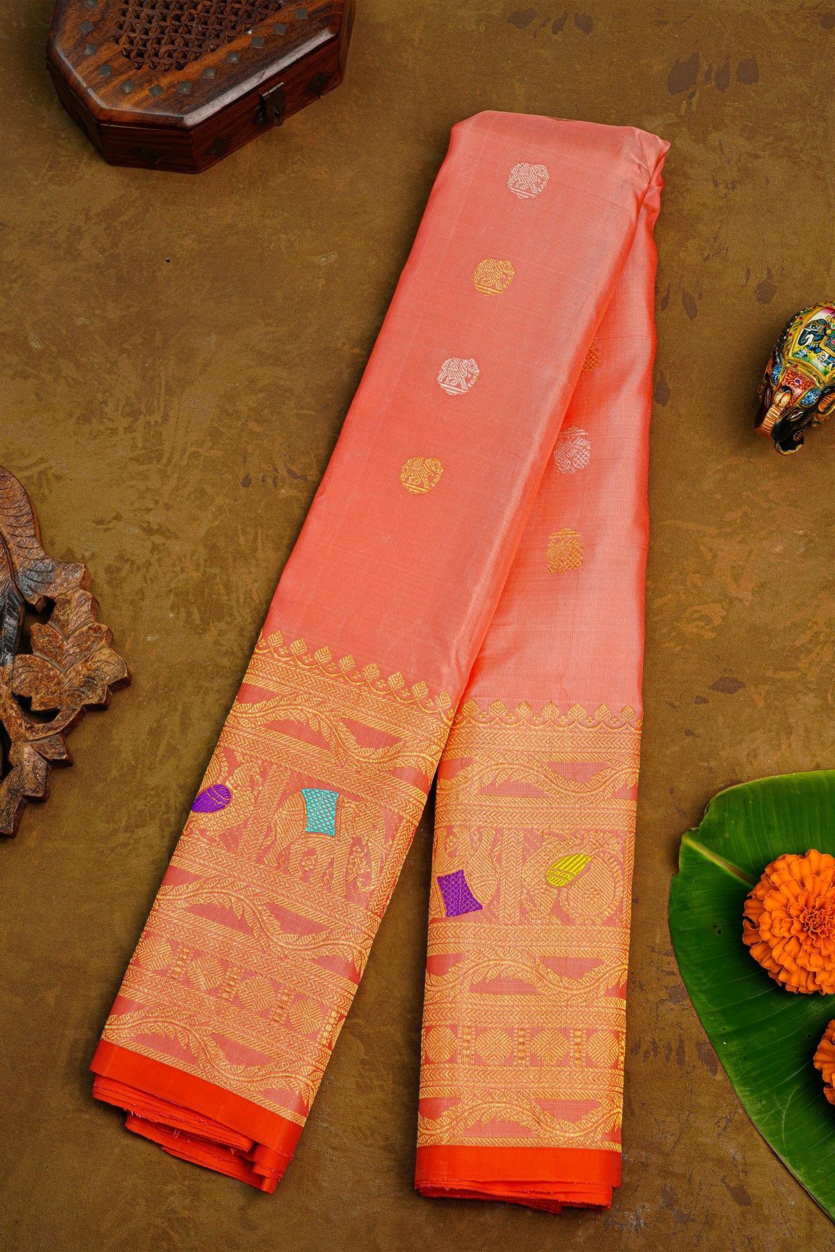 Gadwal Silk Peach Pink Saree With Elephants And Peacocks Buttis Body