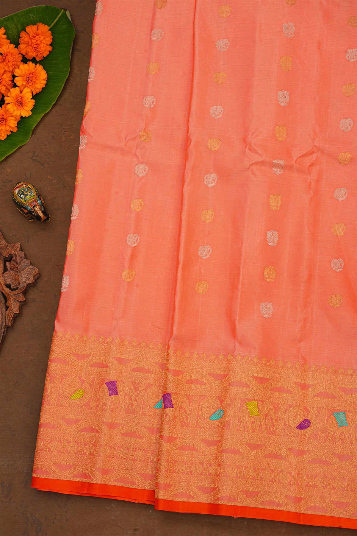 Gadwal Silk Peach Pink Saree With Elephants And Peacocks Buttis Body