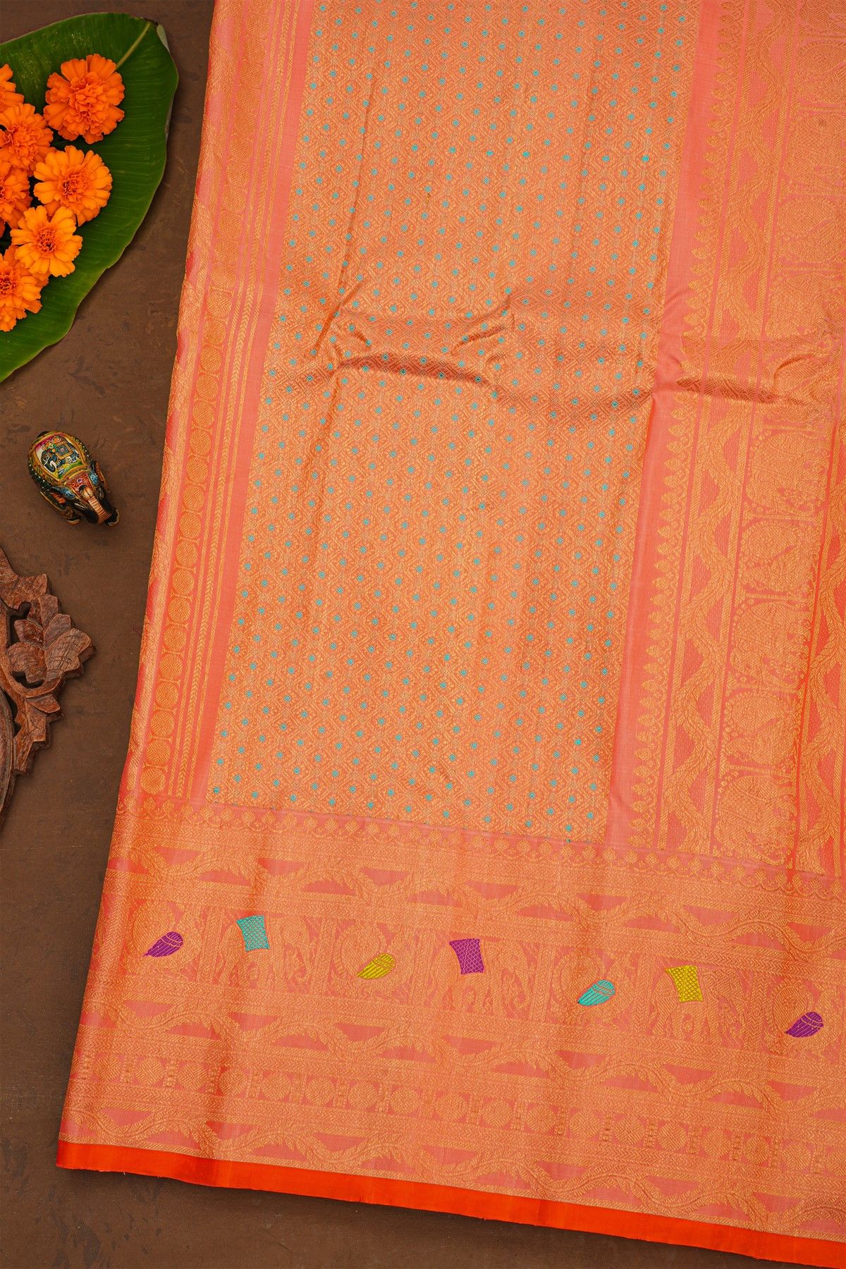 Gadwal Silk Peach Pink Saree With Elephants And Peacocks Buttis Body