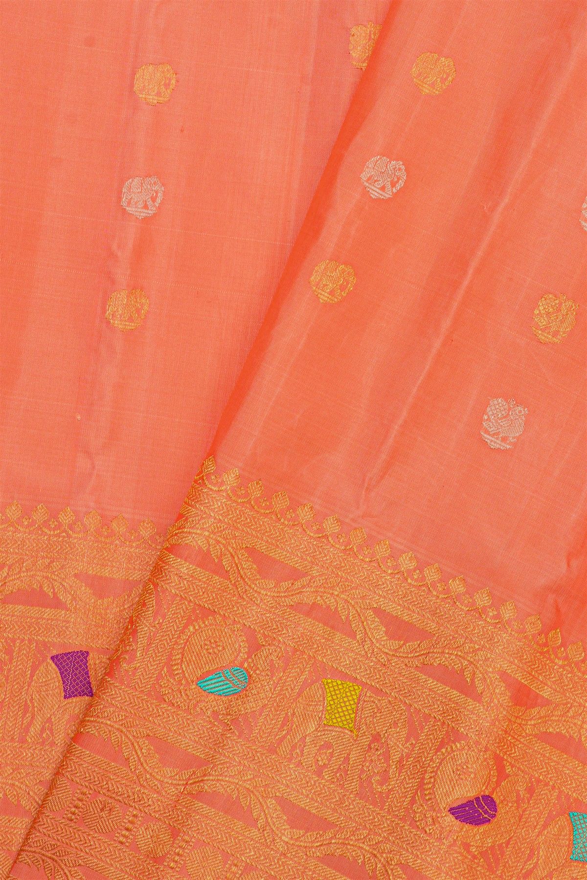 Gadwal Silk Peach Pink Saree With Elephants And Peacocks Buttis Body