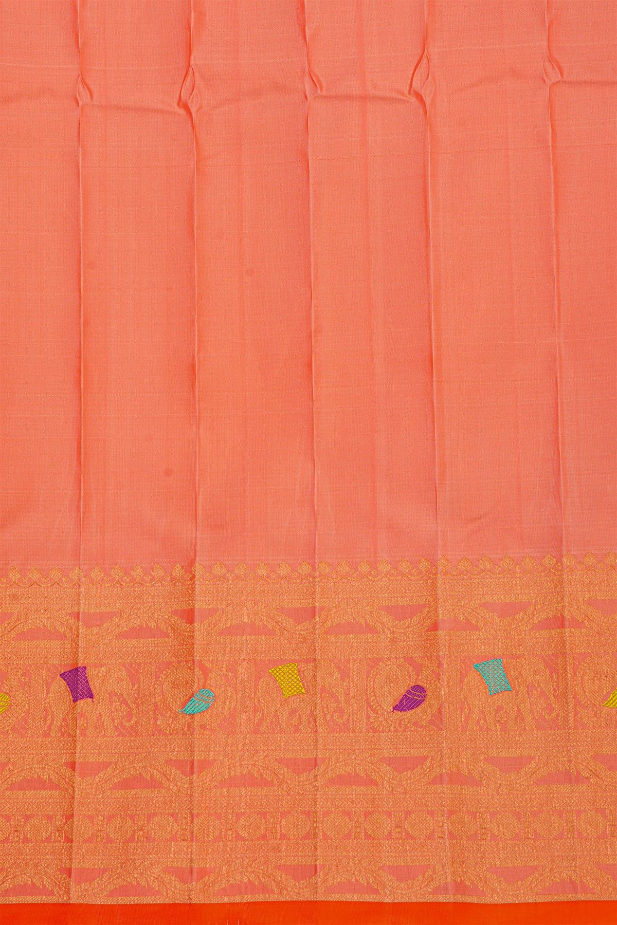Gadwal Silk Peach Pink Saree With Elephants And Peacocks Buttis Body